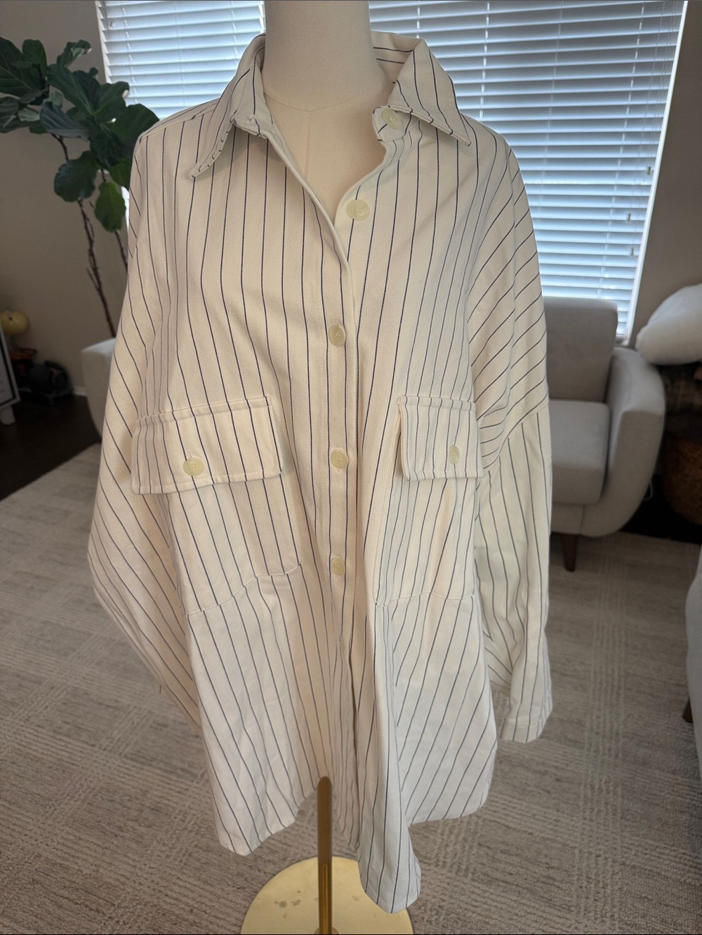 Striped Cream Button-Front Oversized Shacket